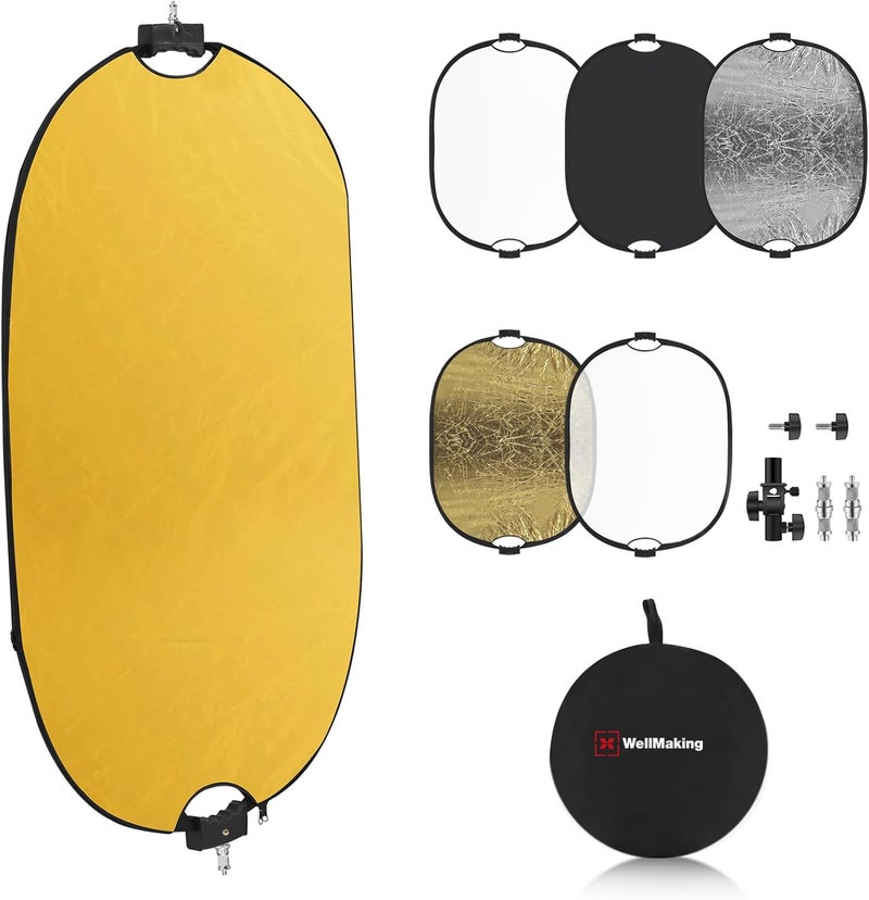 Wellmaking 35''x47'' (90x120cm) Reflector Photography with Threaded Handle, Collapsible Light Reflector with Bag & tilt Adapter, 5in1 Reflector for Studio - Translucent, Silver, Gold, White and Black - Image 1